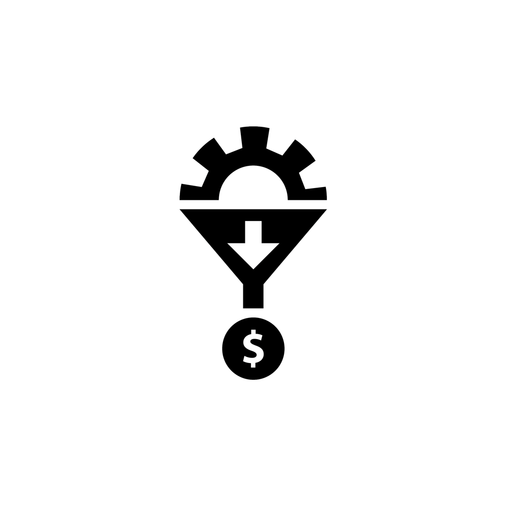 this is an image of half a gear icon going down a tiangle with an arrow pointing to a dollar sign