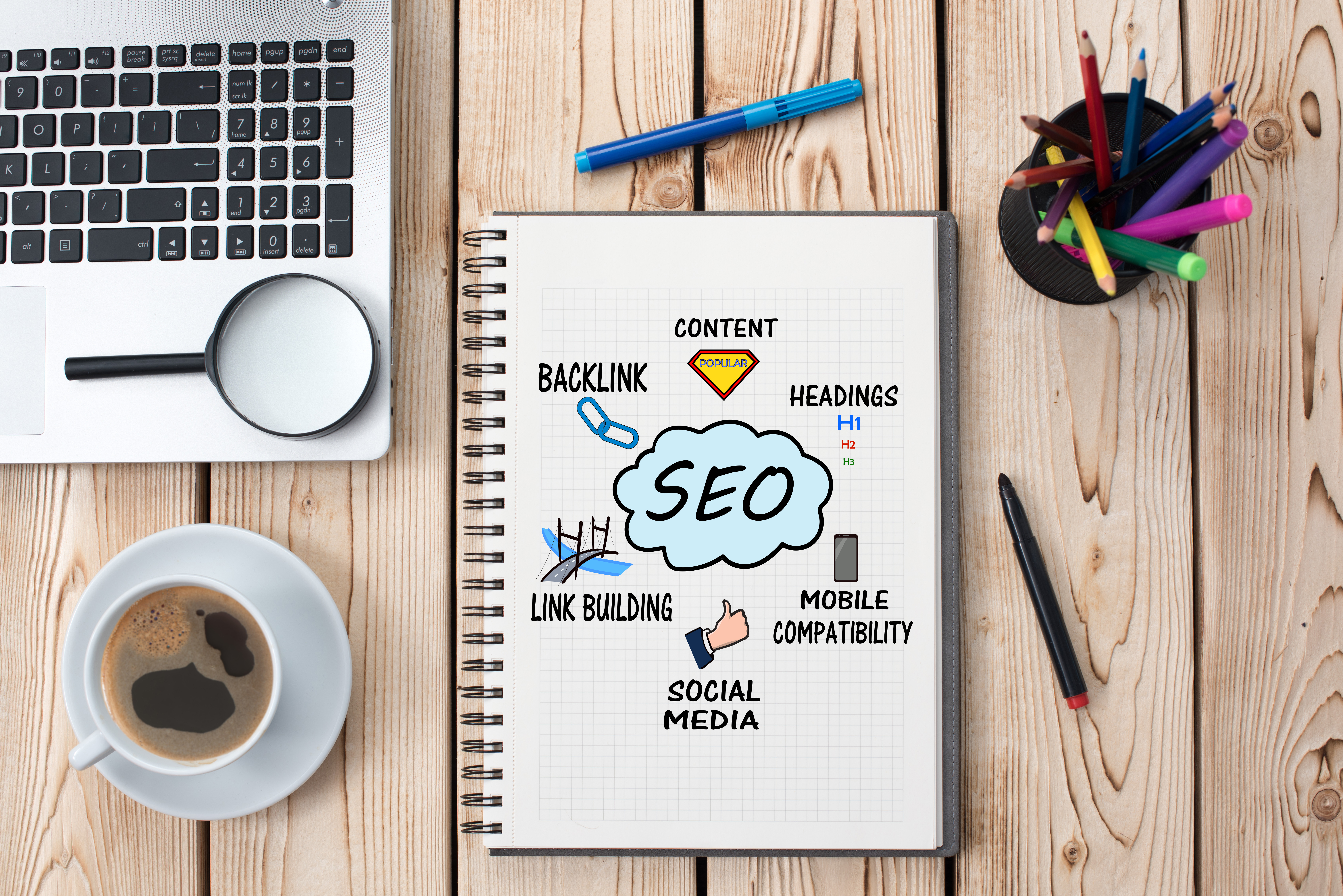 This is a picture of a book on a table with SEO and other categories written on the book